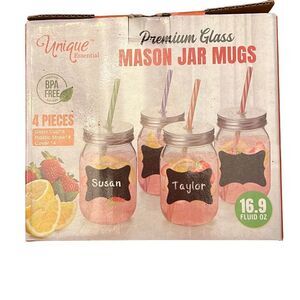 Unique Essential Premium Glass Mason Jar Mugs‎ NIB